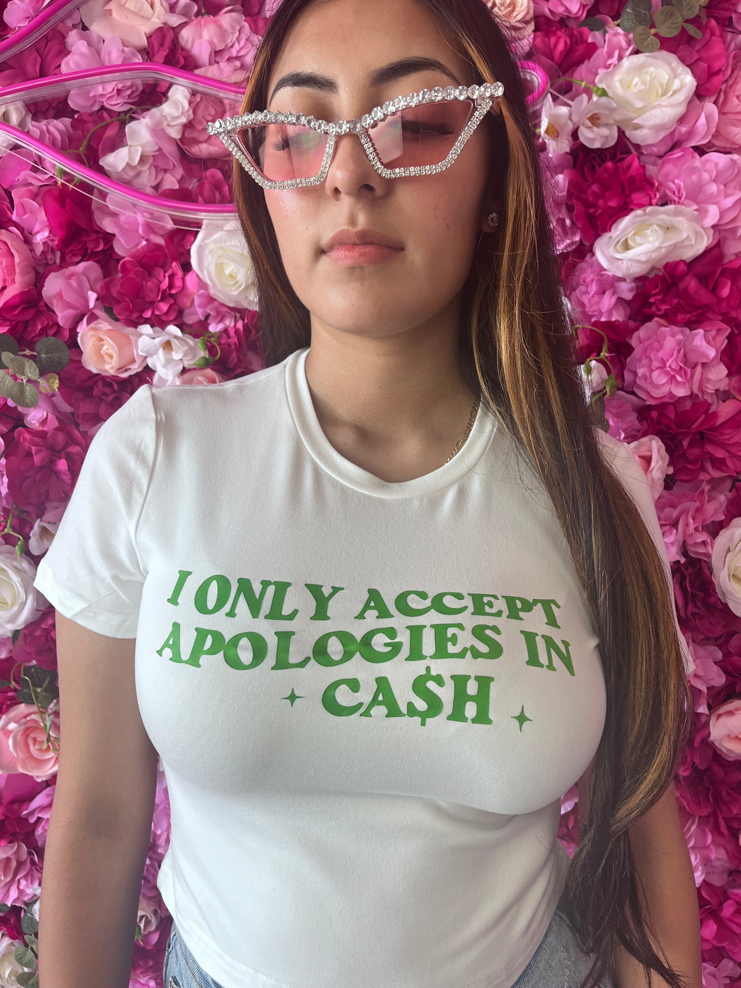 Cash Only" Crop Tee-White