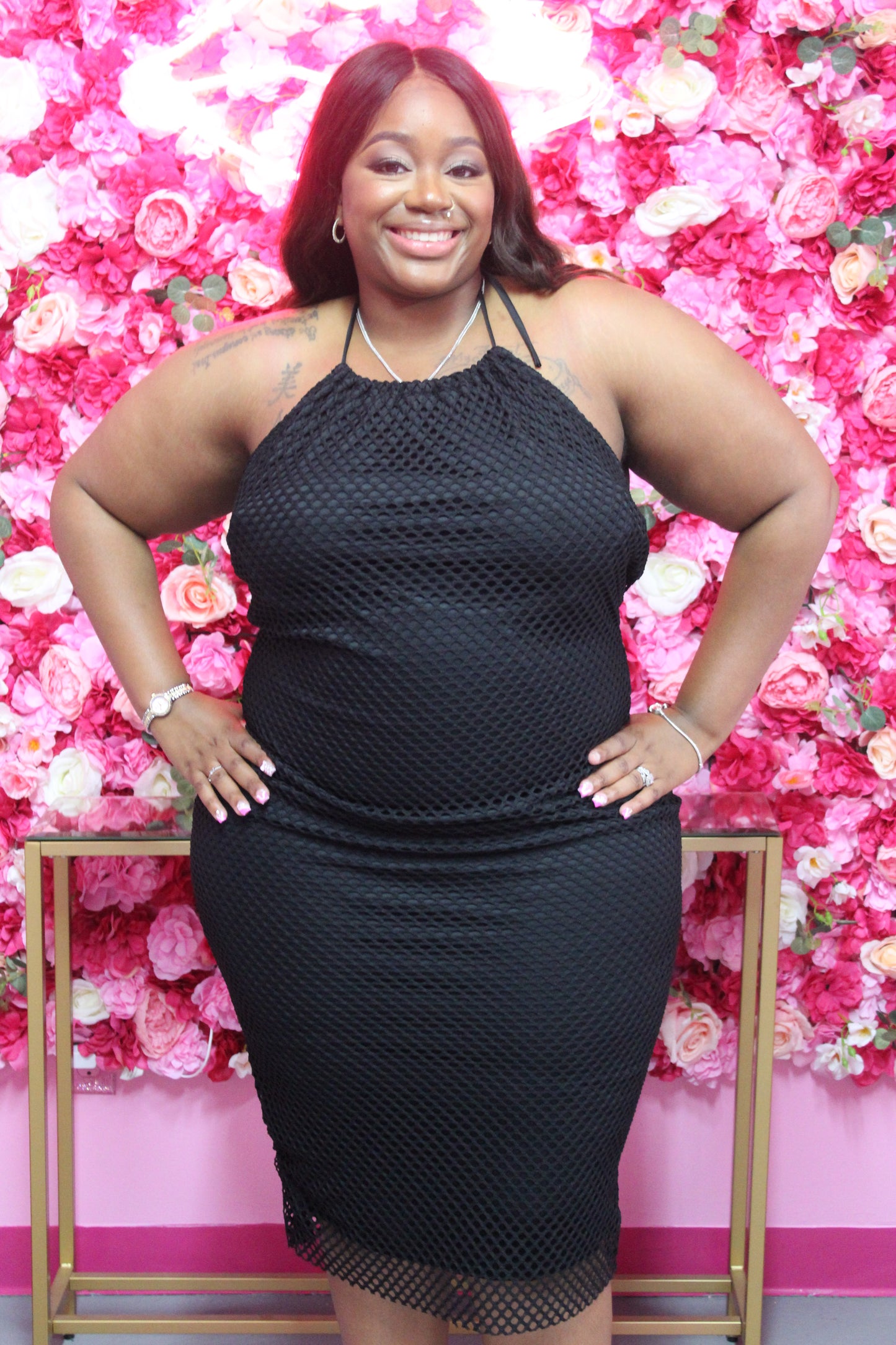 Plus Size Black Halter Net Dress