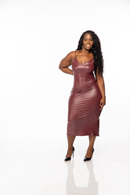 “Steppin” Leather Dress-Burgandy